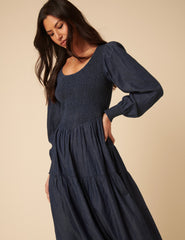 Dark Blue Denim Shirred Tiered Lilly Midi Dress