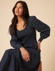 Dark Blue Denim Shirred Tiered Lilly Midi Dress