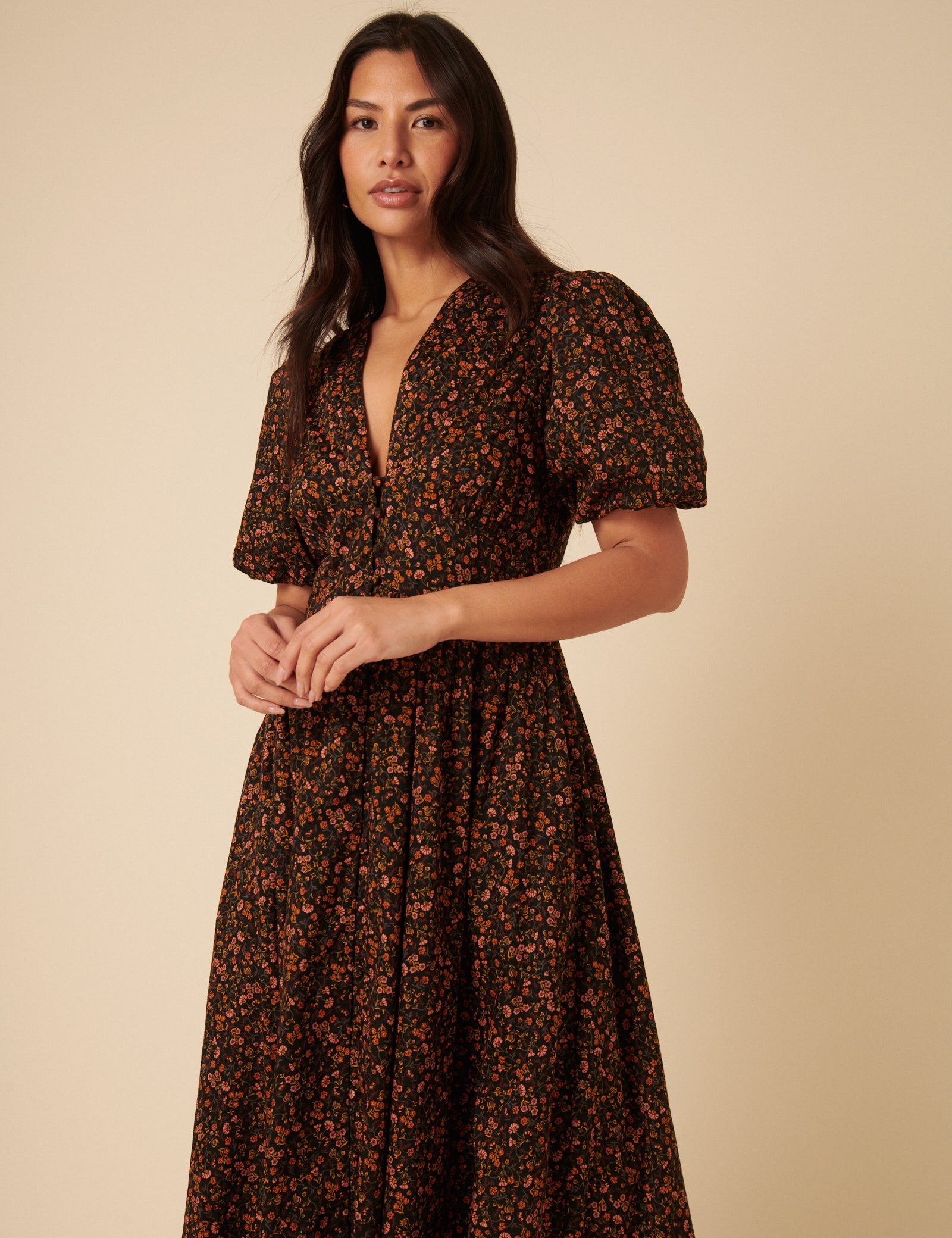 Black Ditsy Foral Starlight Midi Dress
