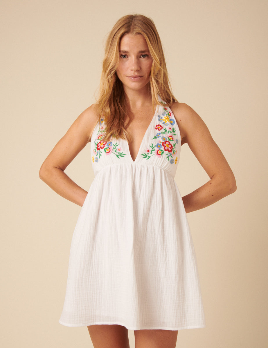 White Floral Embroidered Halterneck Mini Dress