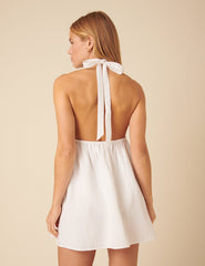 White Floral Embroidered Halterneck Mini Dress