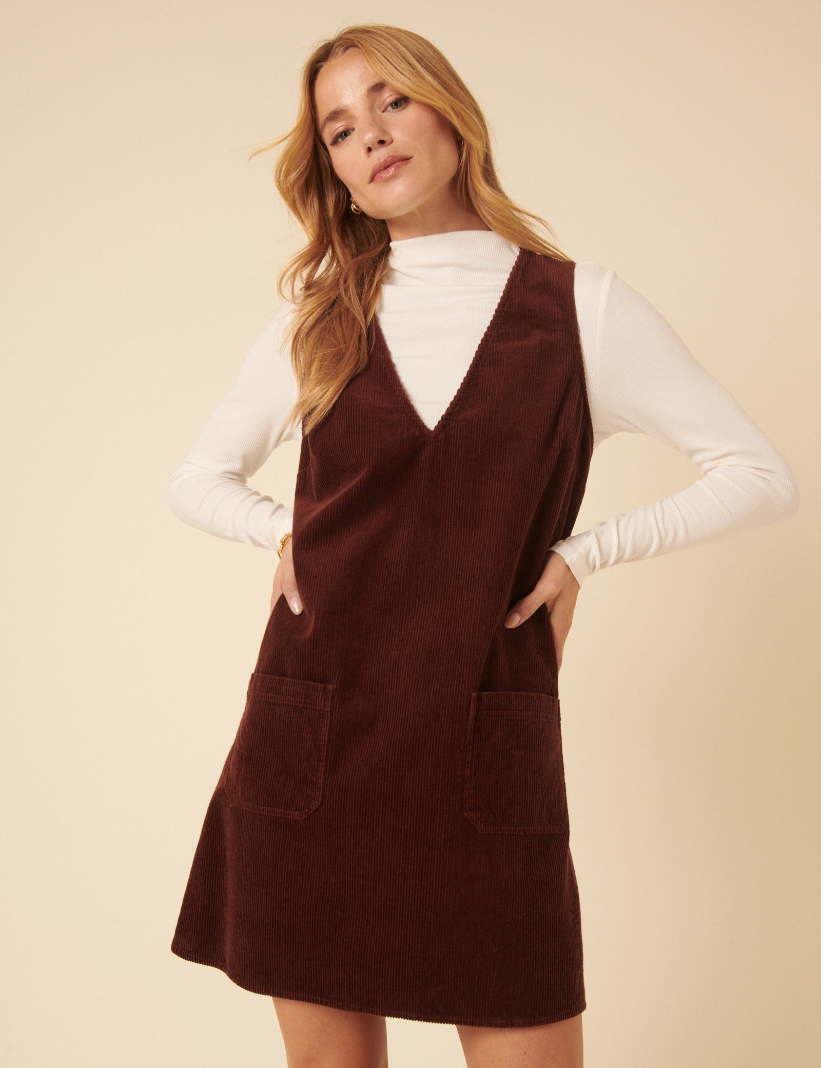 Brown Cord Pinafore Mini Dress