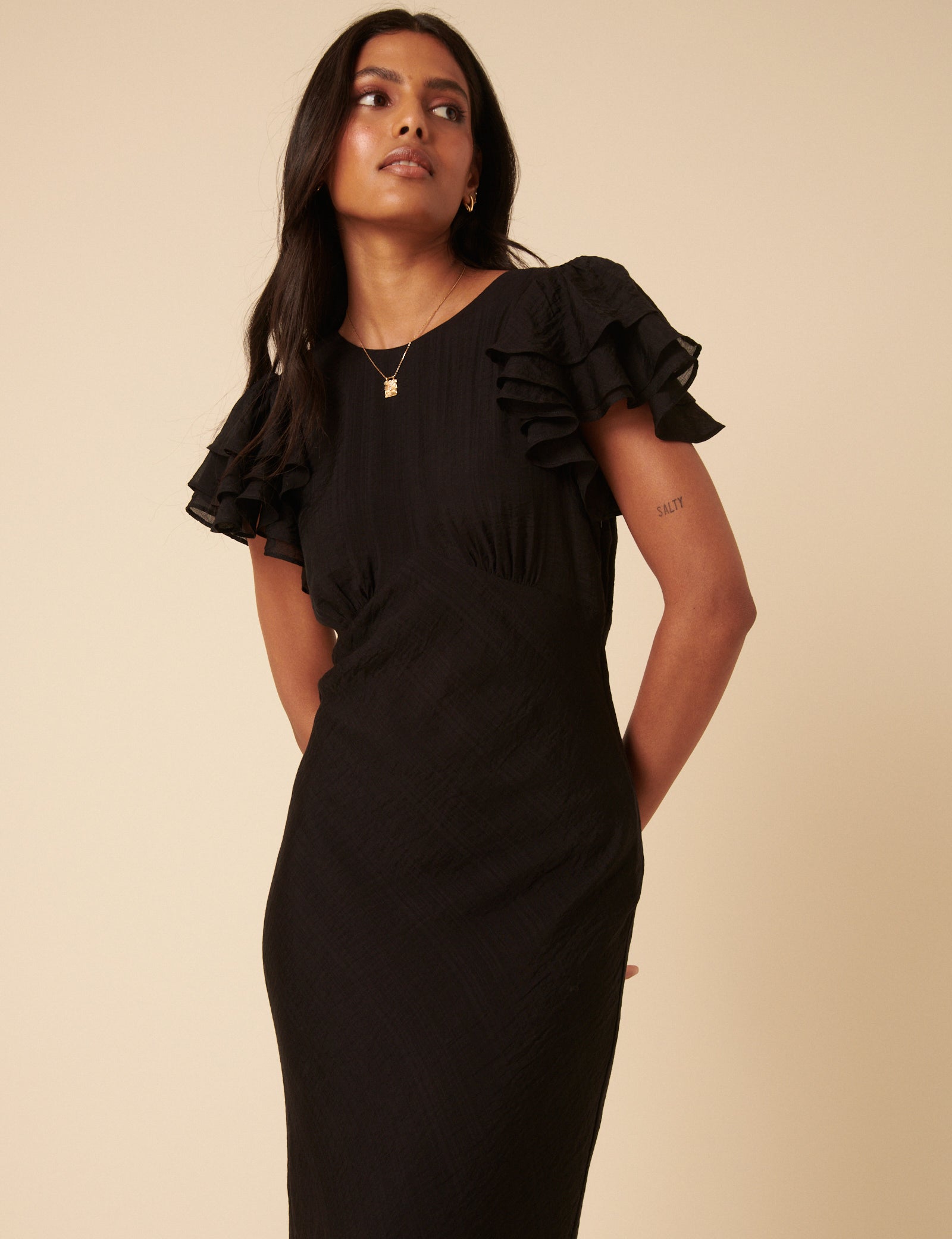 Black Frill Sleeve Lola Midi Dress