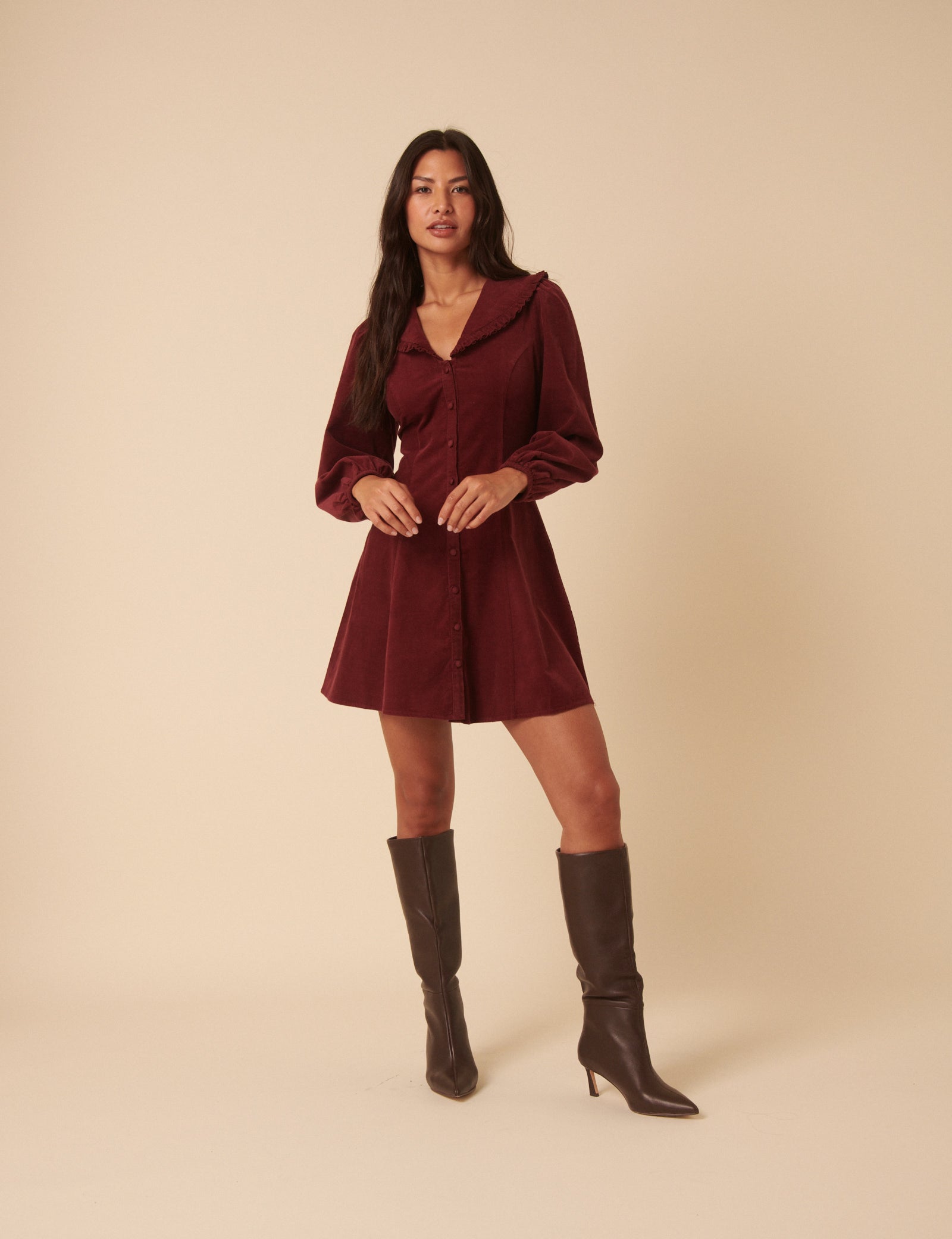 Burgundy Cord Collared Emma Mini Dress