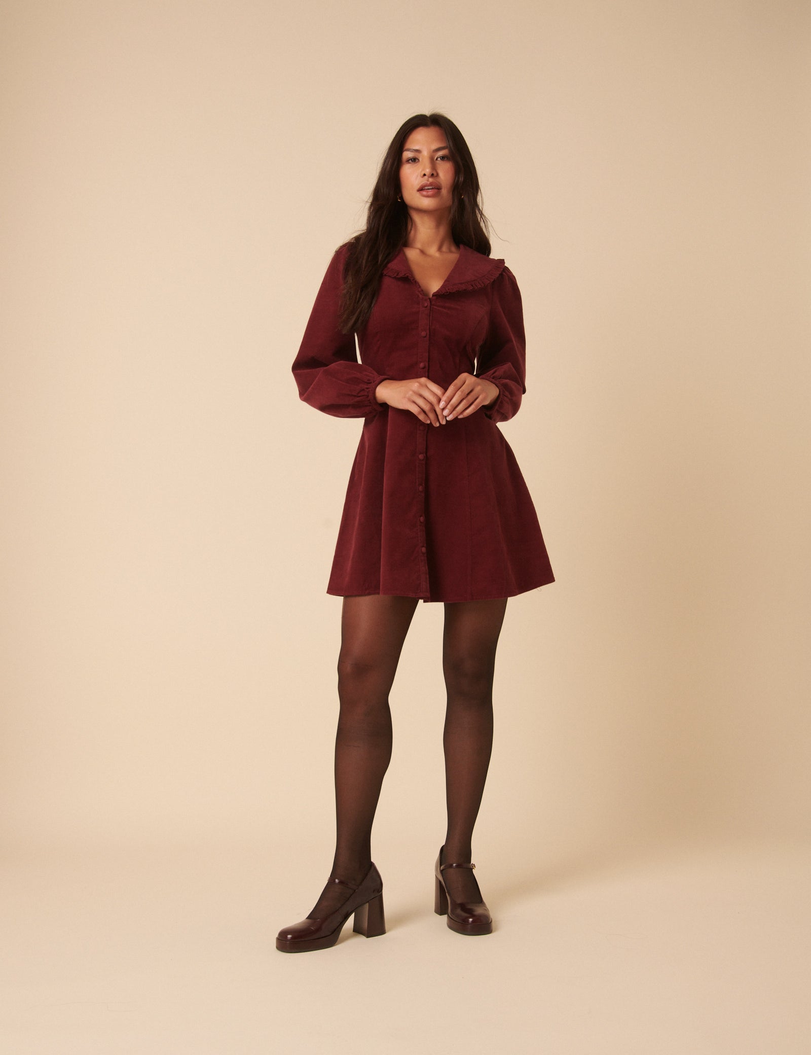 Burgundy Cord Collared Emma Mini Dress