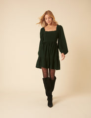 Green Balloon Sleeve Cord Tiered Elsa Mini Dress