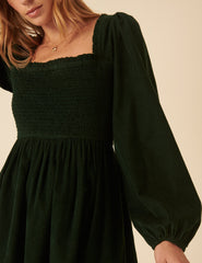 Green Balloon Sleeve Cord Tiered Elsa Mini Dress