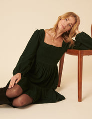 Green Balloon Sleeve Cord Tiered Elsa Mini Dress