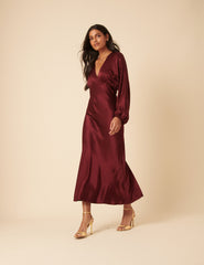 Burgundy Satin Allura Midi Dress