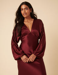 Burgundy Satin Allura Midi Dress