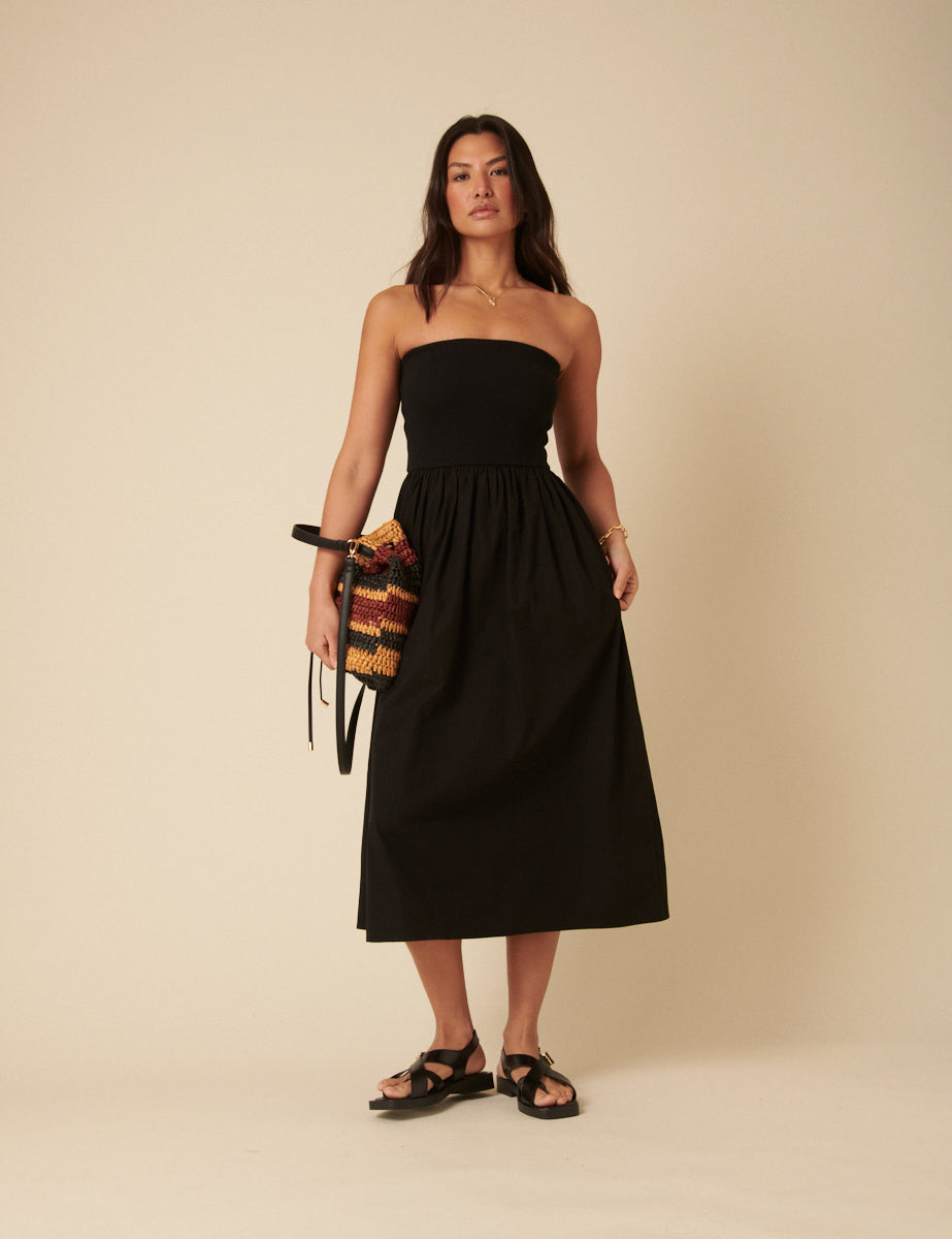 Black Bandeau Drop Waist Midi Dress