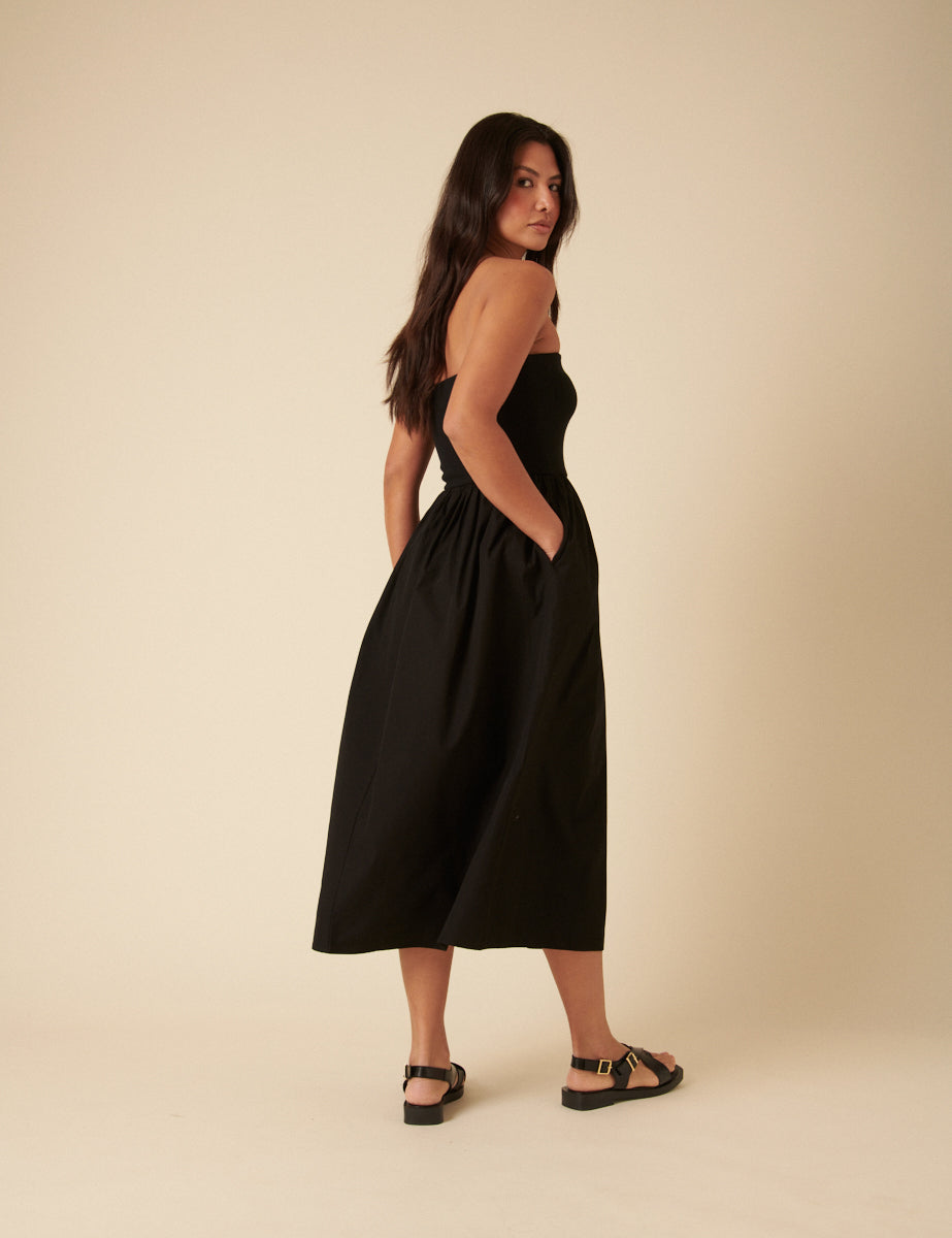 Black Bandeau Drop Waist Midi Dress