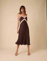 Brown Satin Lace Solene Maxi Dress