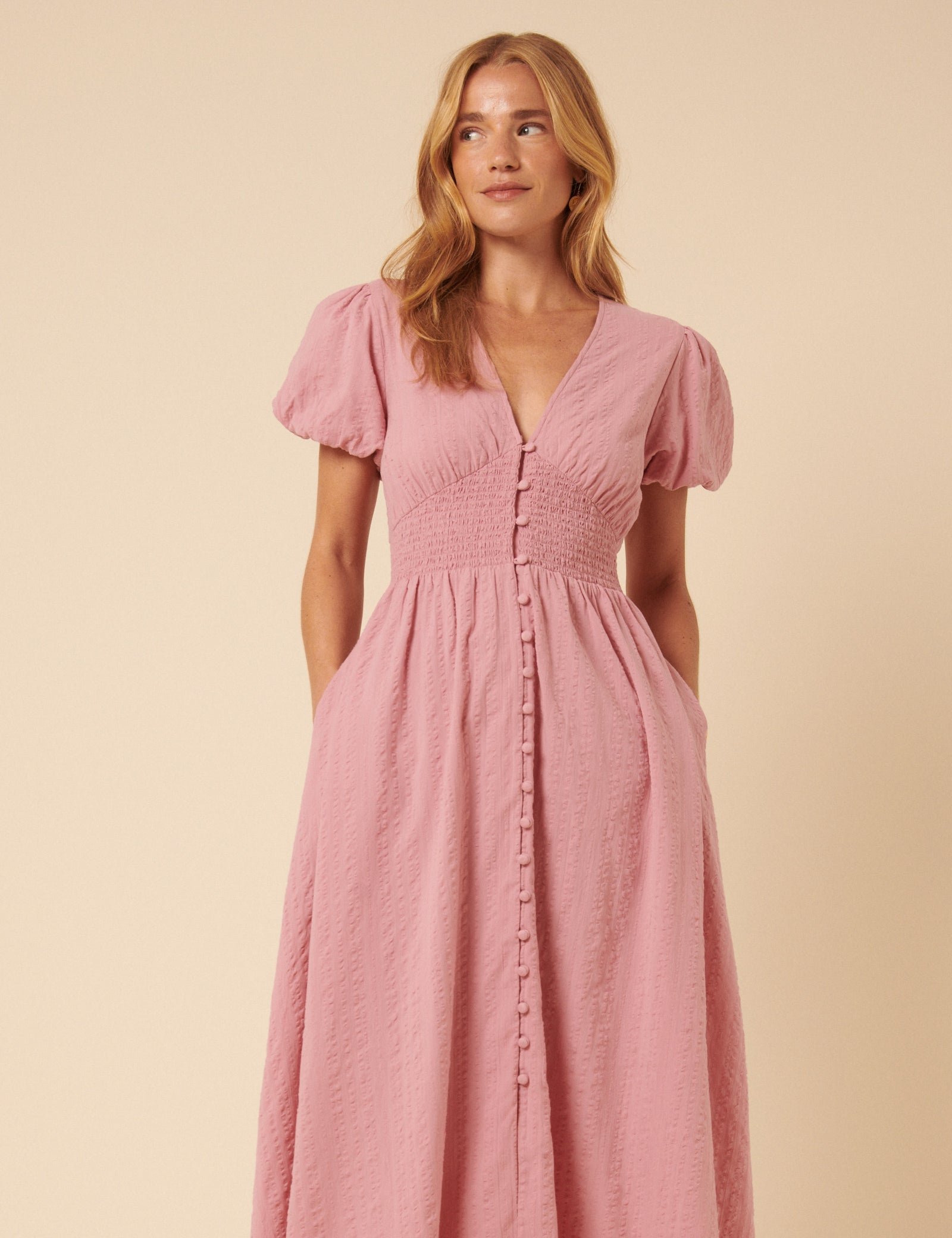 Pink Puff Sleeve Abigail Midi Dress