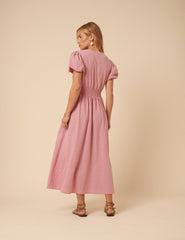 Pink Puff Sleeve Abigail Midi Dress