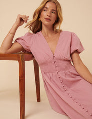 Pink Puff Sleeve Abigail Midi Dress