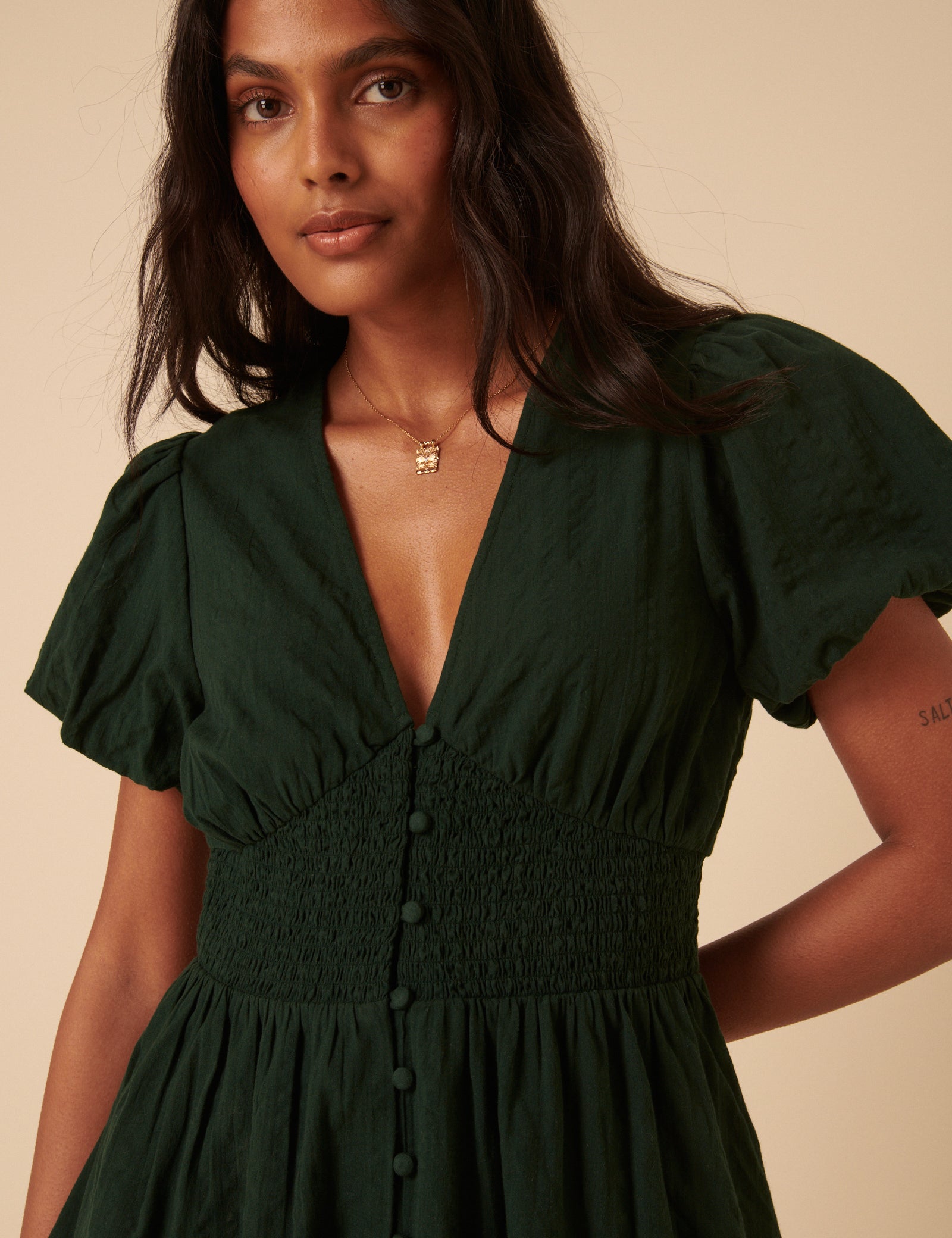 Khaki Puff Sleeve Abigail Mini Dress