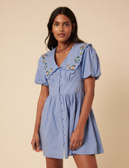Blue Floral Embroidered Birdie Mini Dress