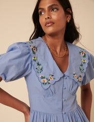 Blue Floral Embroidered Birdie Mini Dress