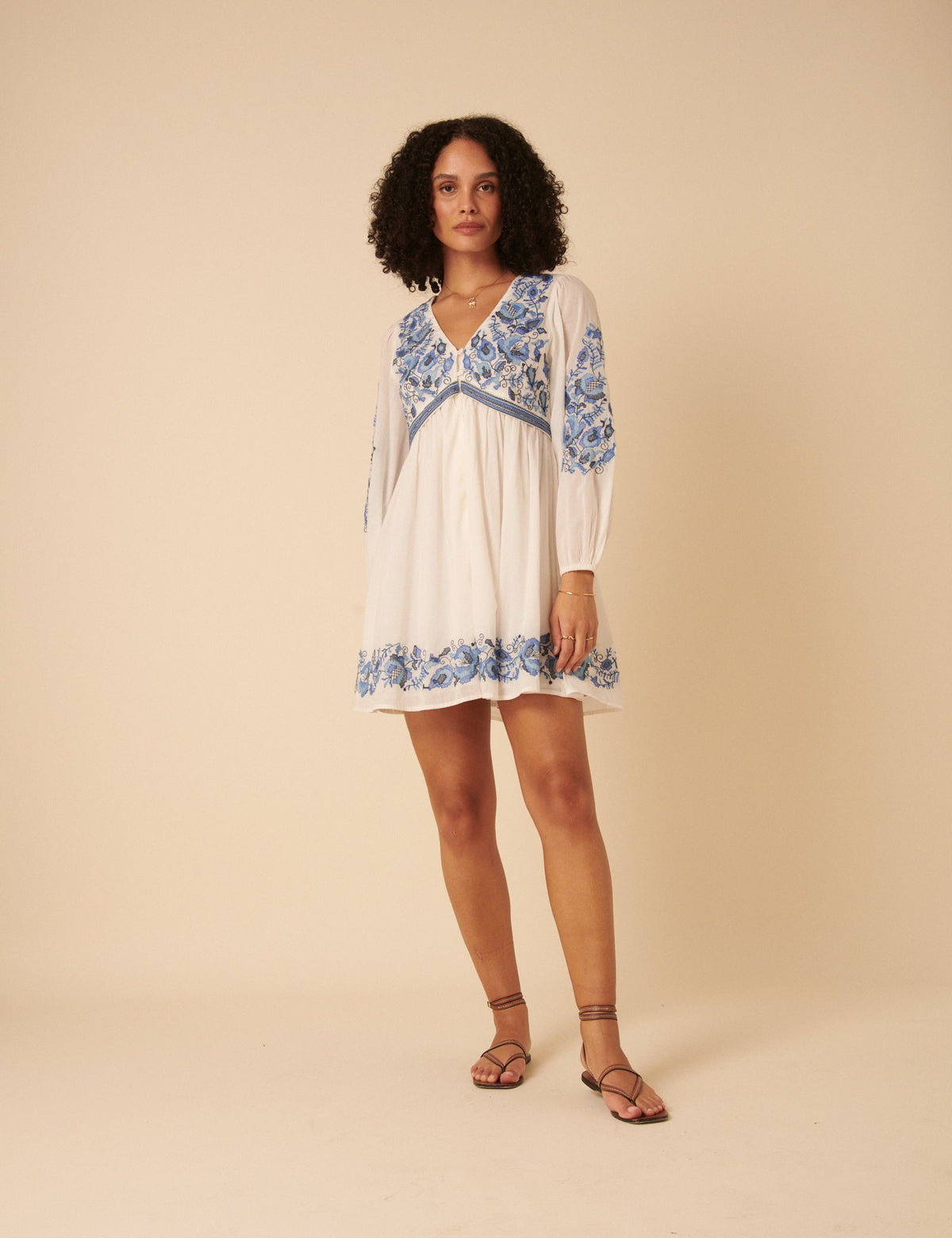 White Long Sleeve Floral Embroidered Trishna Mini Dress