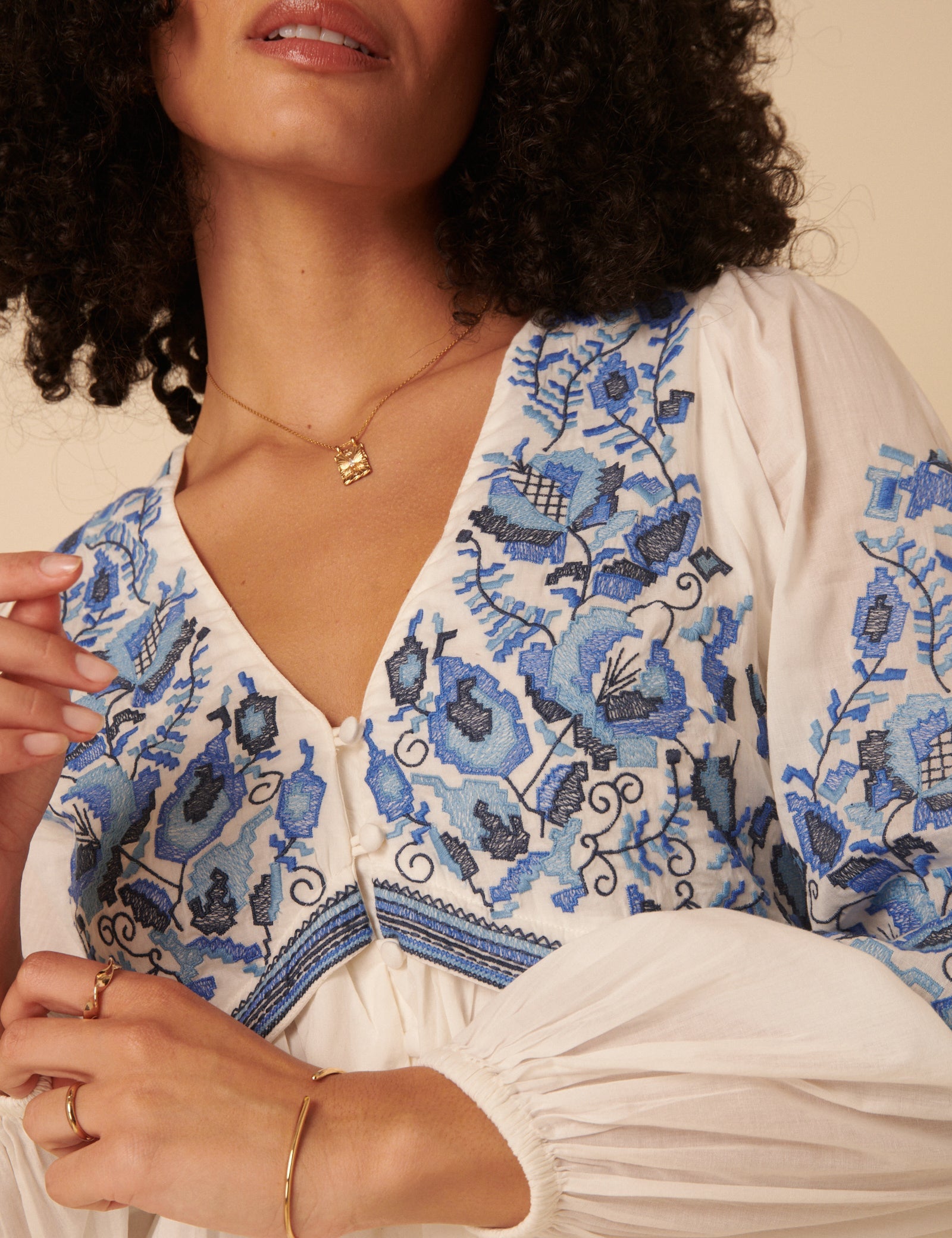 White Long Sleeve Floral Embroidered Trishna Mini Dress