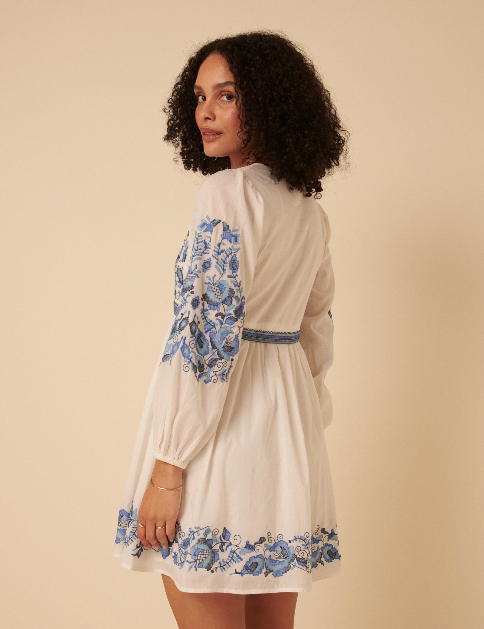 White Long Sleeve Floral Embroidered Trishna Mini Dress