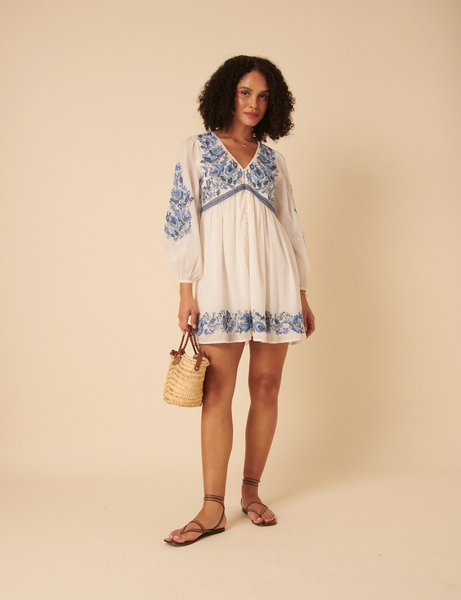 White Long Sleeve Floral Embroidered Trishna Mini Dress