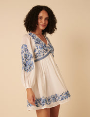 White Long Sleeve Floral Embroidered Trishna Mini Dress