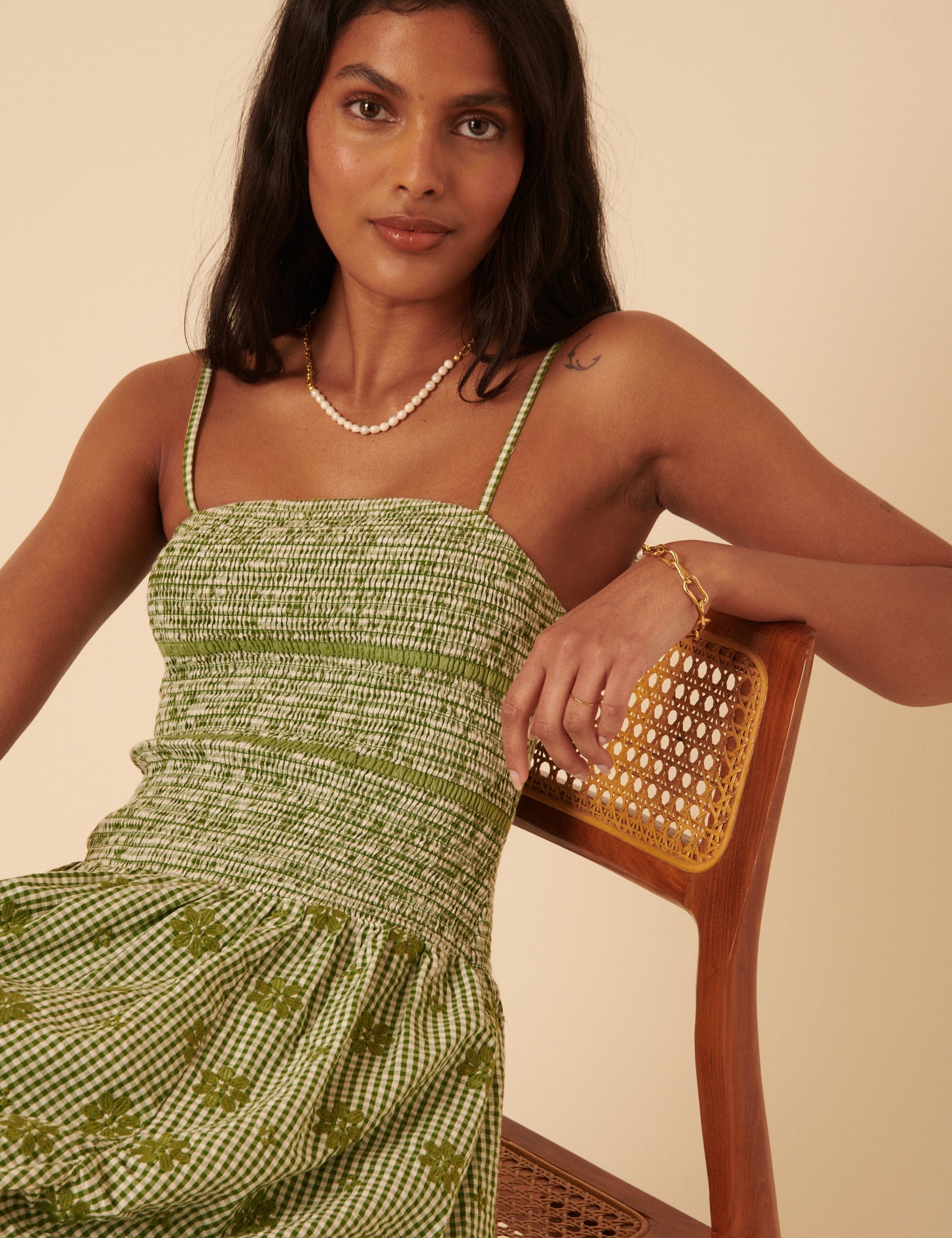 Green Gingham Embroidered Bubble Hem Sofia Mini Dress