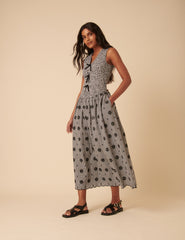 Black Gingham Embroidered Luisa Midi Dress