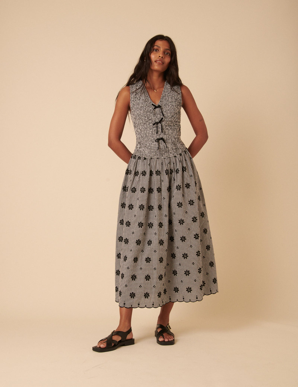 Black Gingham Embroidered Luisa Midi Dress
