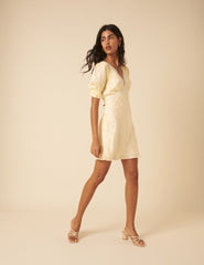 Butter Yellow Polka Dot Jacquard Angela Mini Dress