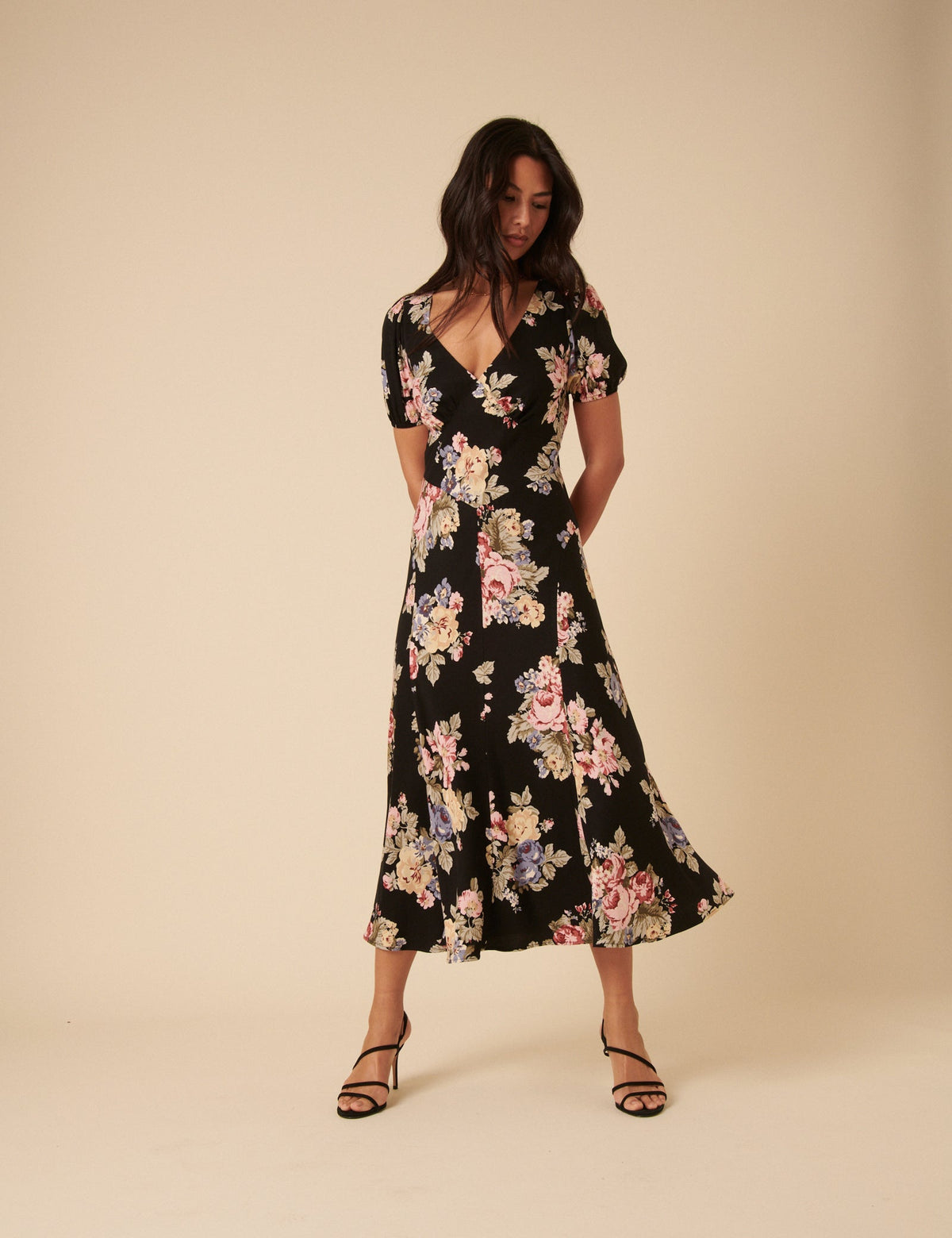 Black Floral Ella Midi Dess