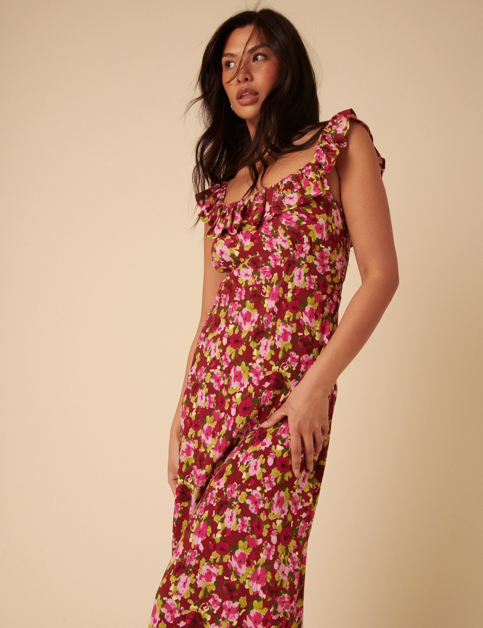 Red And Pink Floral Libby Midi Dress