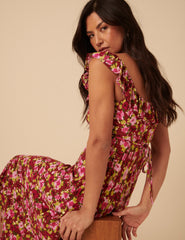 Red And Pink Floral Libby Midi Dress