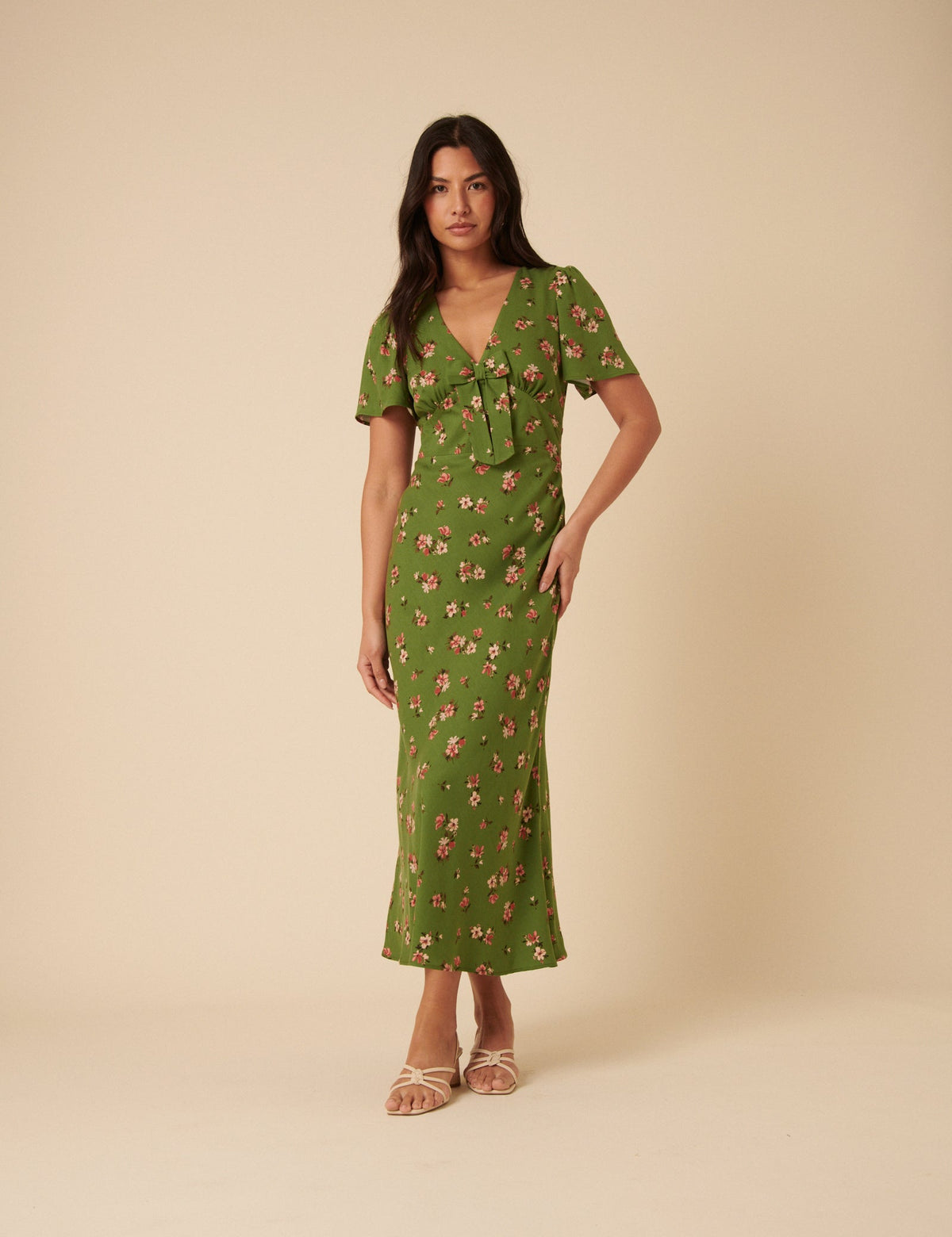 Green Floral Bow Front Faith Midi Dress