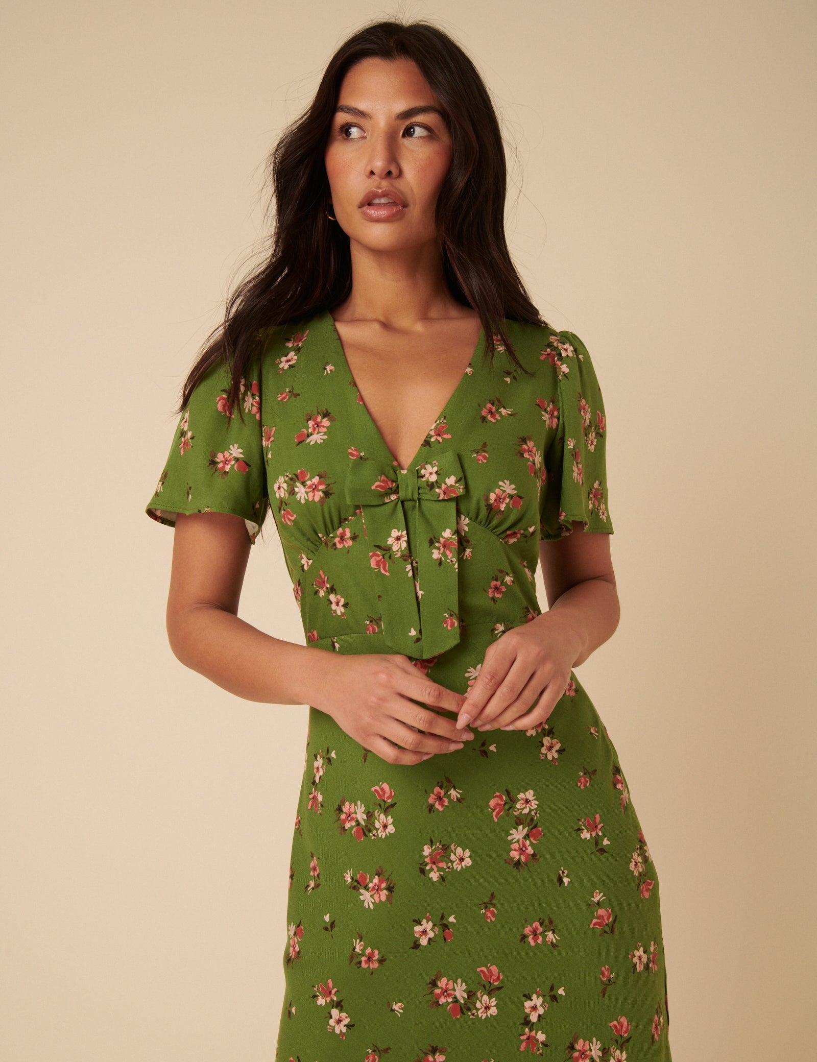Green Floral Bow Front Faith Midi Dress