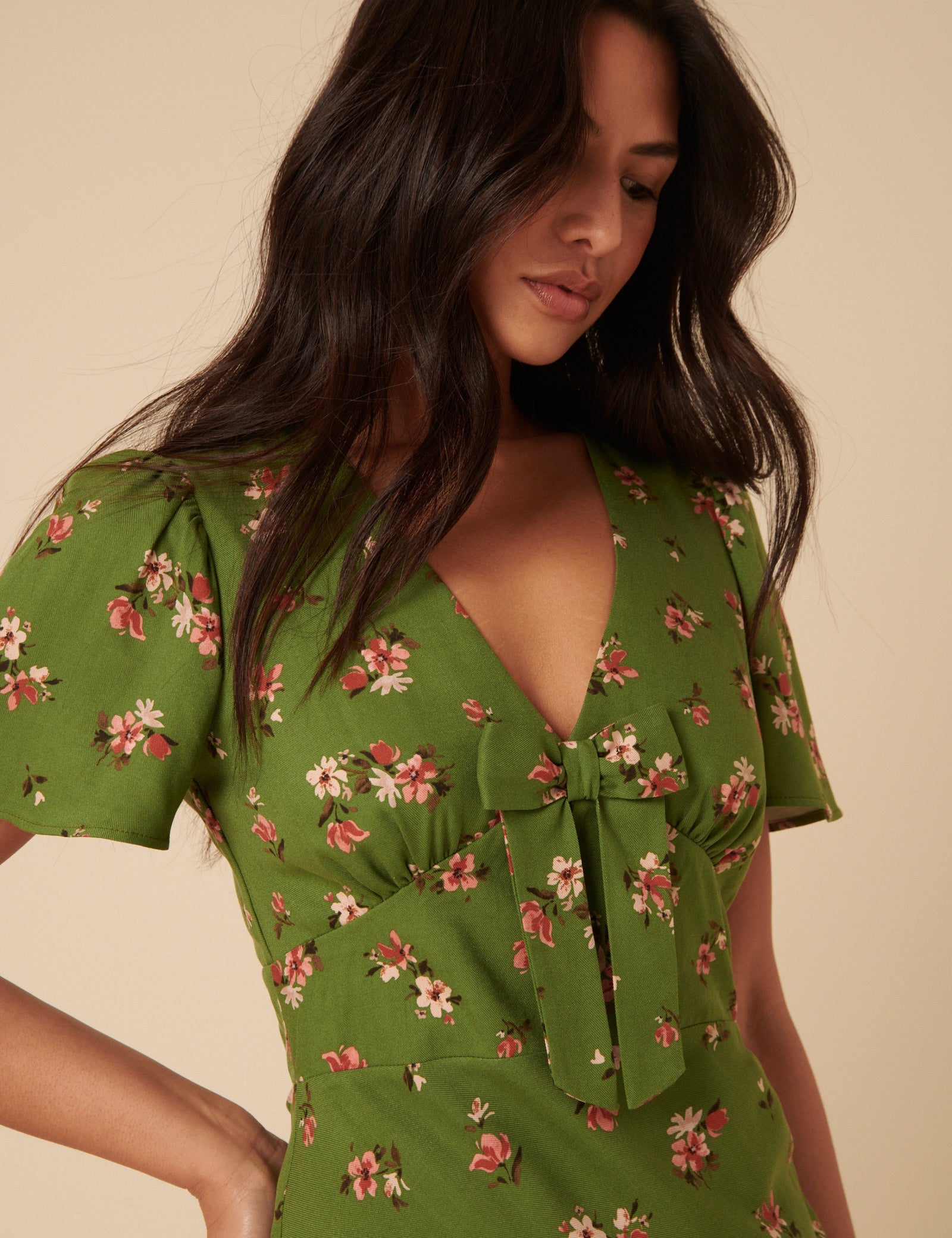 Green Floral Bow Front Faith Midi Dress