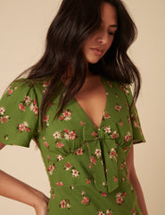 Green Floral Bow Front Faith Midi Dress