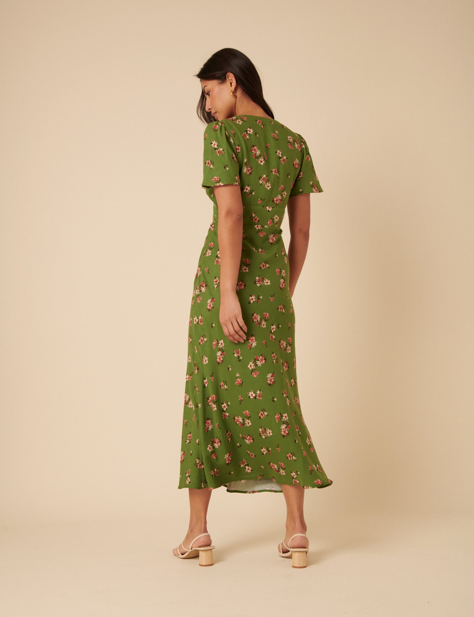 Green Floral Bow Front Faith Midi Dress