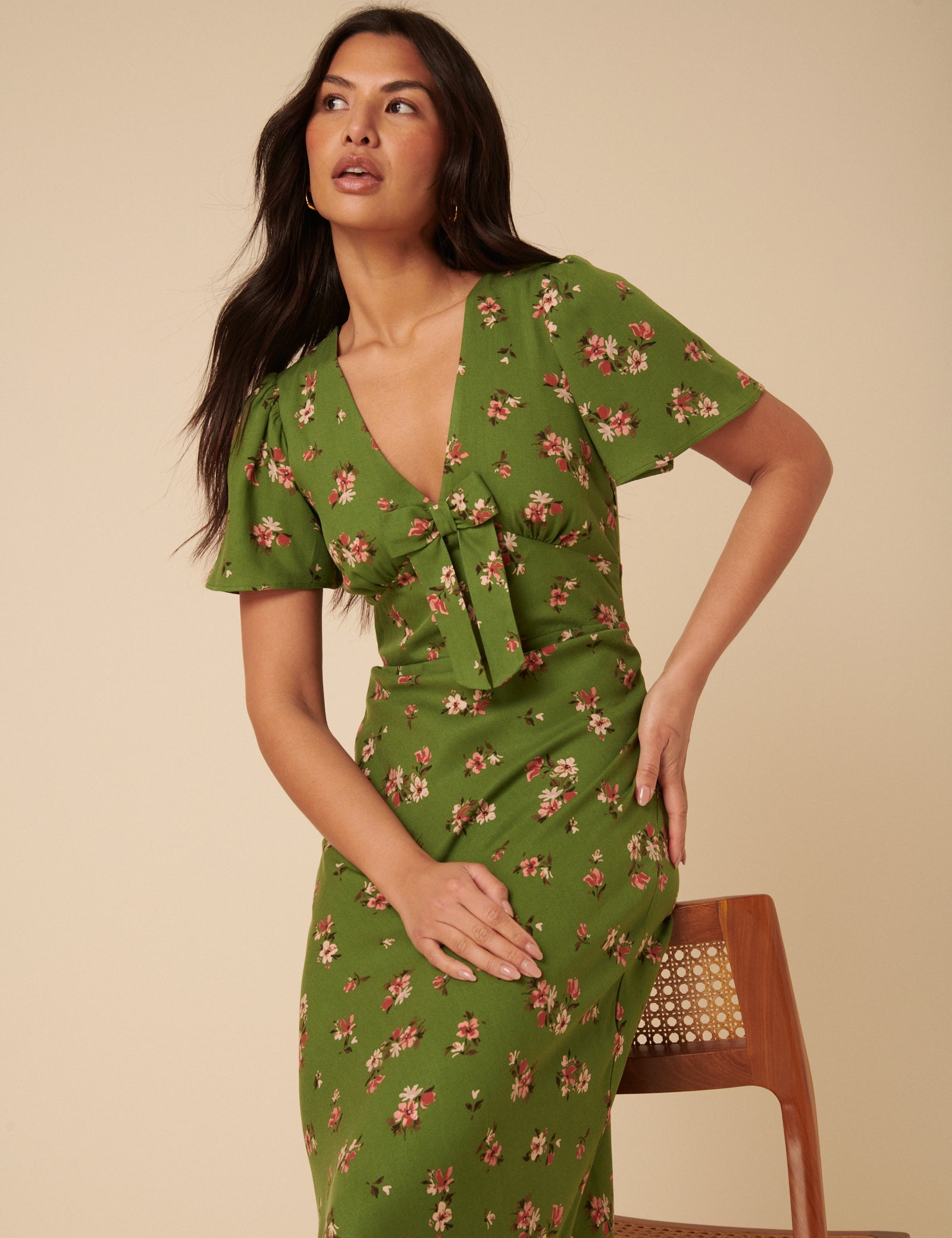 Green Floral Bow Front Faith Midi Dress