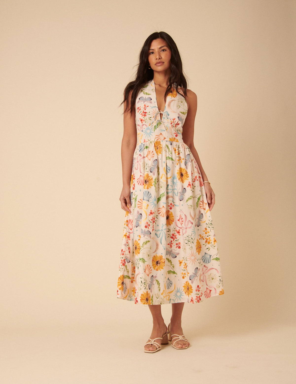 White Floral Halterneck Lilliana Midi Dress