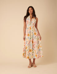 White Floral Halterneck Lilliana Midi Dress