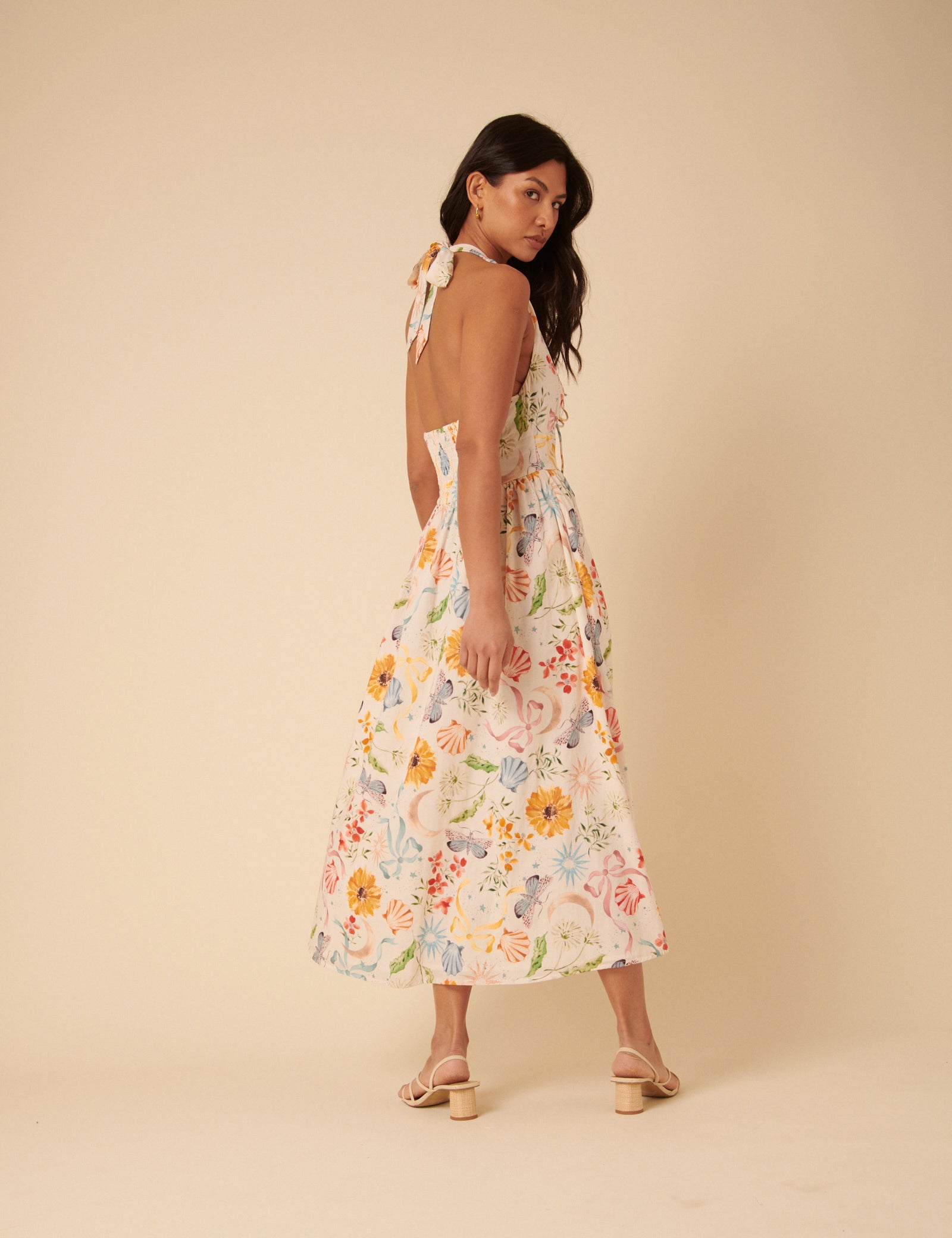 White Floral Halterneck Lilliana Midi Dress