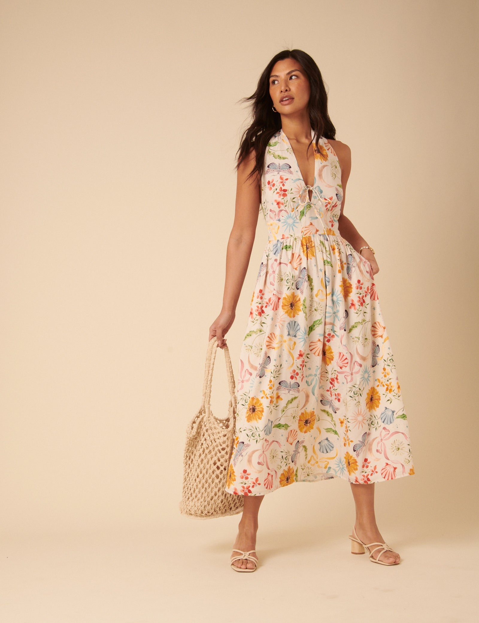 White Floral Halterneck Lilliana Midi Dress