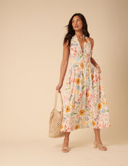 White Floral Halterneck Lilliana Midi Dress