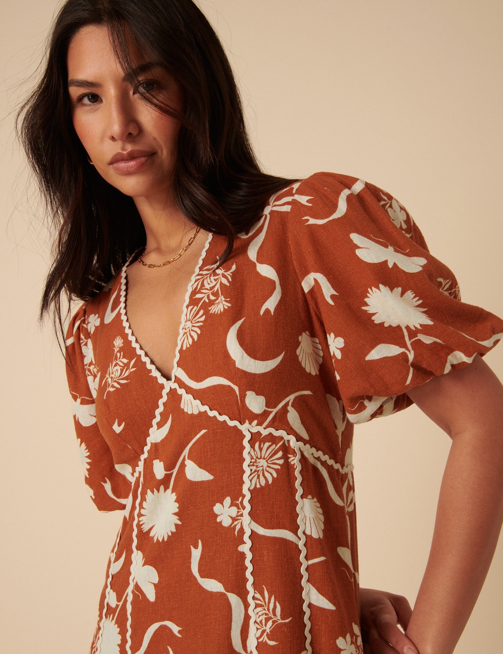 Brown Printed Linen-blend Lucy Midi Dress