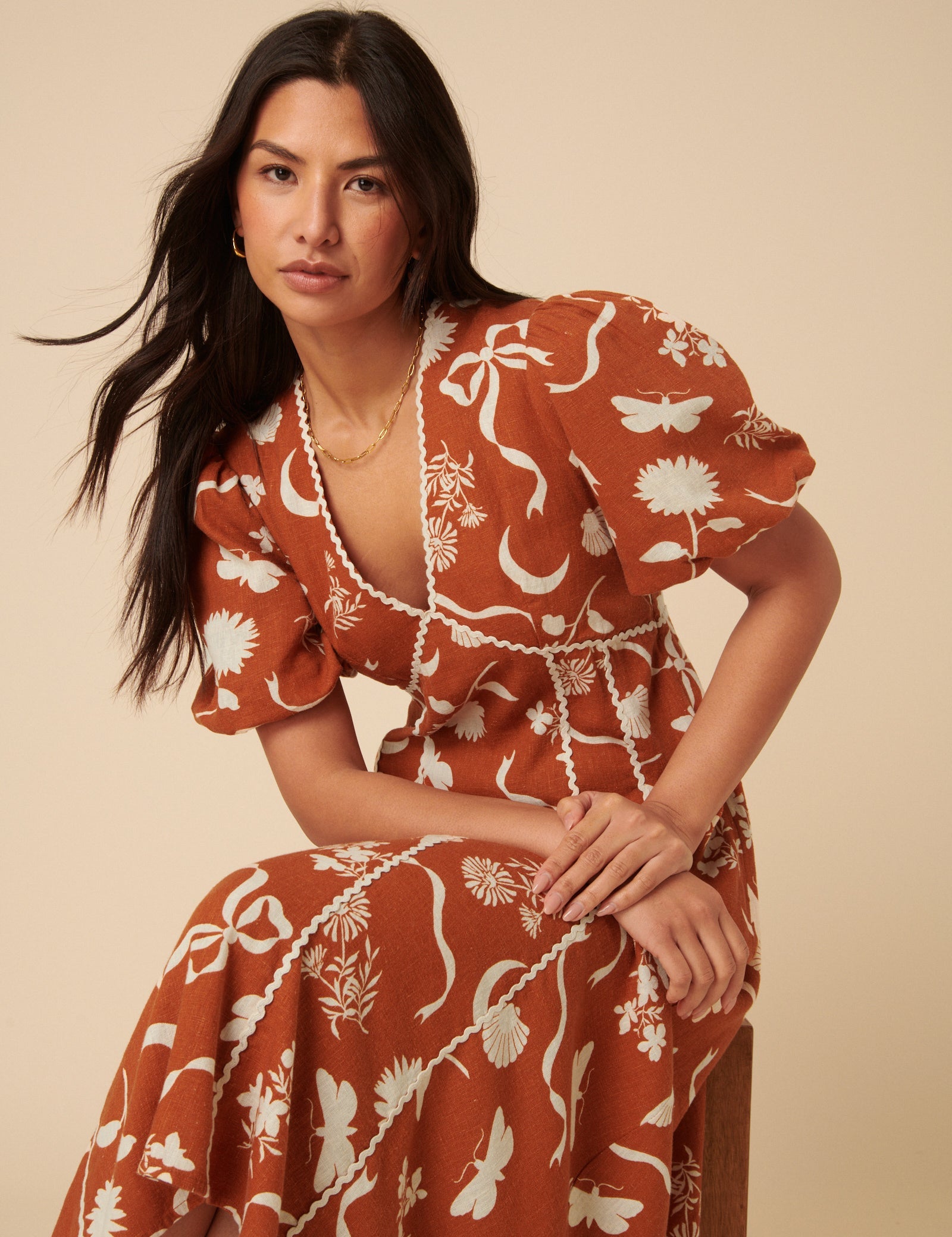 Brown Printed Linen-blend Lucy Midi Dress