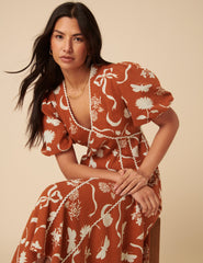 Brown Printed Linen-blend Lucy Midi Dress