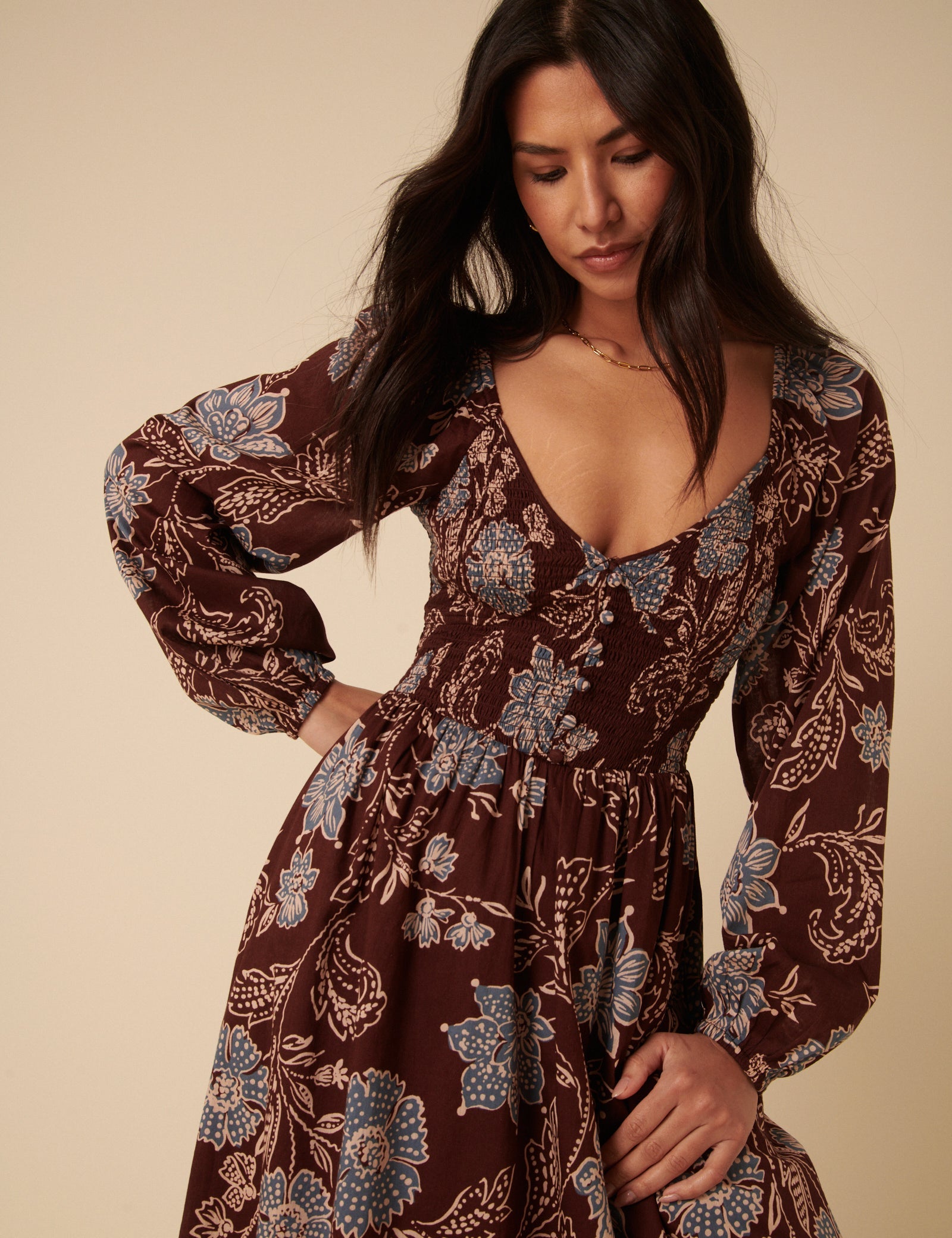 Brown Paisley Print Long Sleeve Amaya Midi Dress